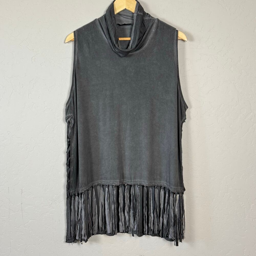 POL Women's Size Medium Side Slit Fringed Sleeveless Cowl Neck Top Grunge Y2K